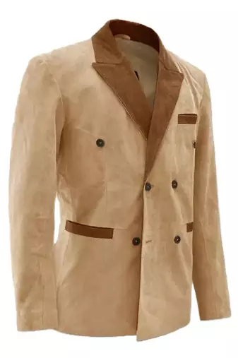 Men's beige suede leather double breasted blazer coat