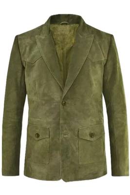 Men's olive genuine suede safari leather blazer jacket 1