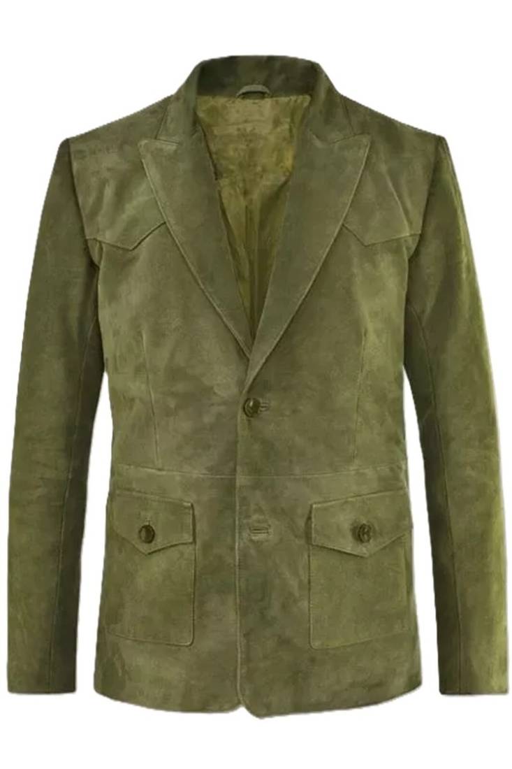 Men's olive genuine suede safari leather blazer jacket