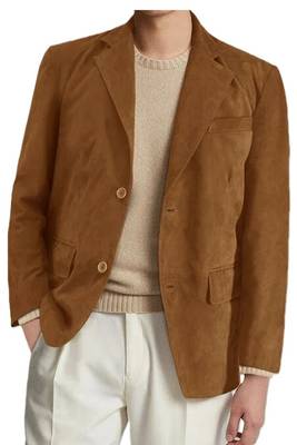 Men's camel suede leather two button blazer jacket 1