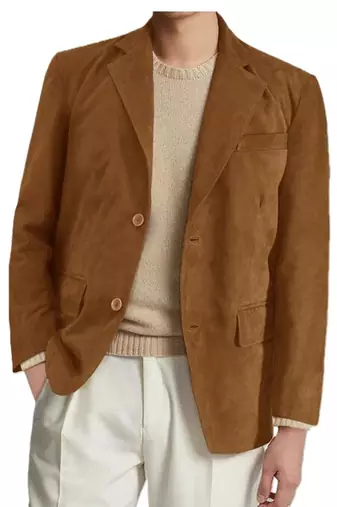 Men's camel suede leather two button blazer jacket