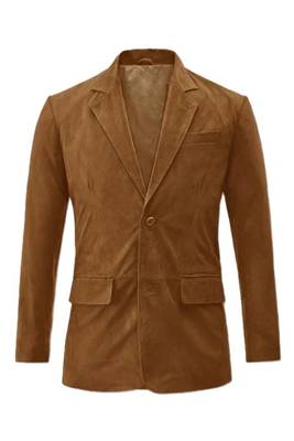 Men's camel suede leather two button blazer jacket 2