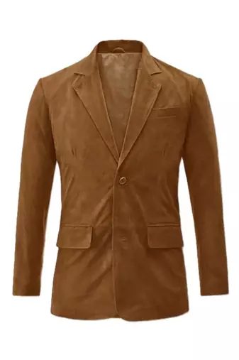 Men's camel suede leather two button blazer jacket