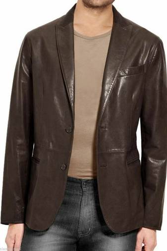 Men's dark brown genuine leather blazer jacket