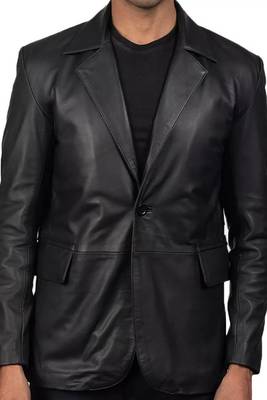 Men's black lambskin leather two button classic blazer coat 1