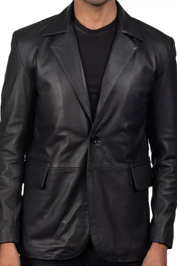 Men's black lambskin leather two button classic blazer coat