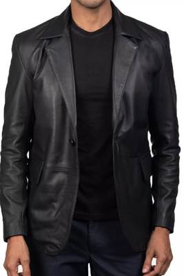 Men's black lambskin leather two button classic blazer coat 2