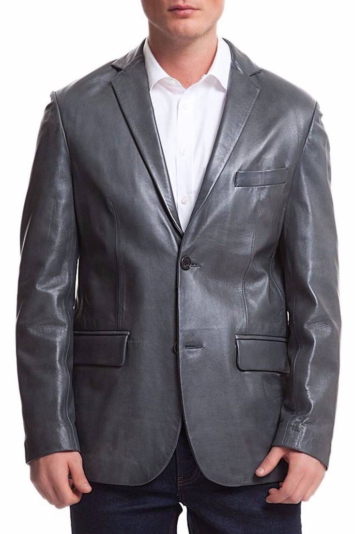 Men's gray genuine leather formal blazer jacket