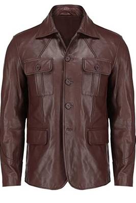 Men's brown genuine lambskin leather safari blazer utility jacket 1