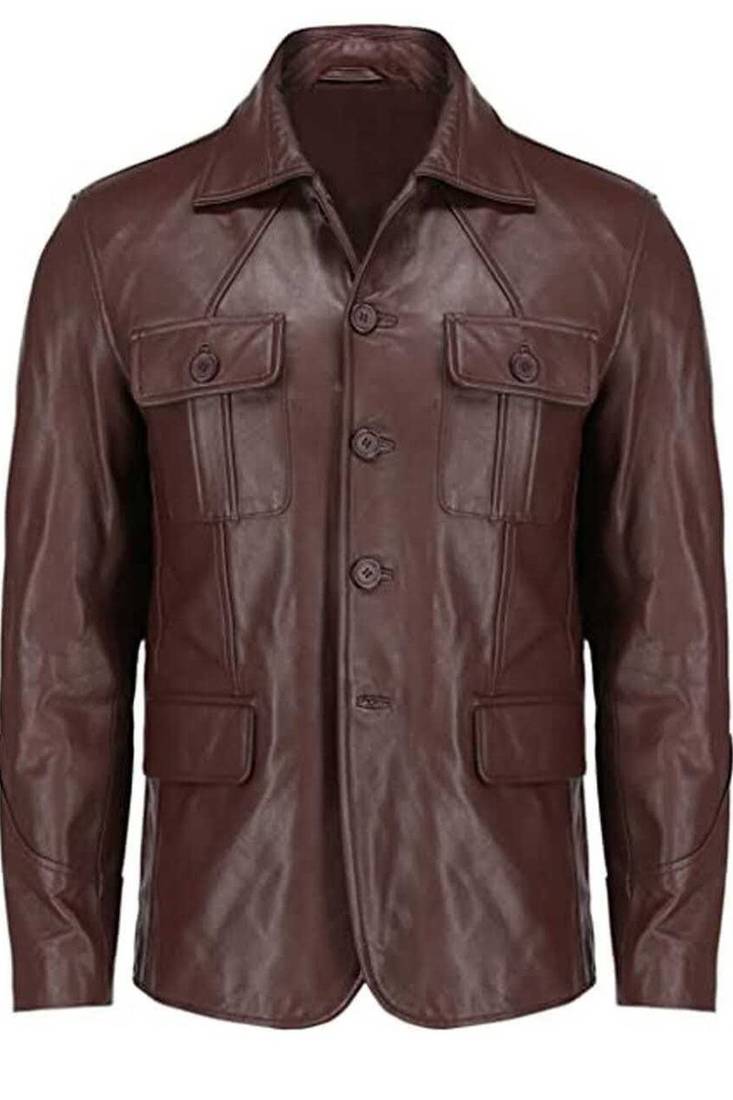 Men's brown genuine lambskin leather safari blazer utility jacket