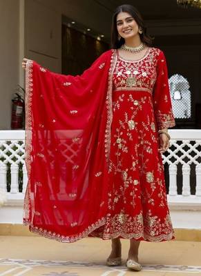 Women's red georgette embroidered anarkali suit set with dupatta 1