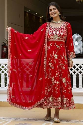 Women's red georgette embroidered anarkali suit set with dupatta