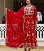 Women's red georgette embroidered anarkali suit set with dupatta