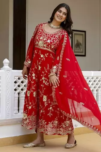 Women's red georgette embroidered anarkali suit set with dupatta