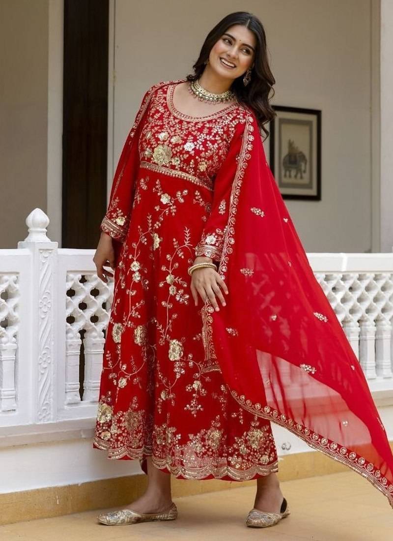 Women's red georgette embroidered anarkali suit set with dupatta