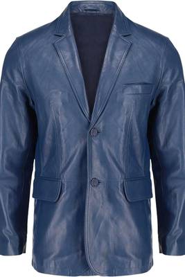 Men's navy blue lambskin leather two button blazer jacket 1