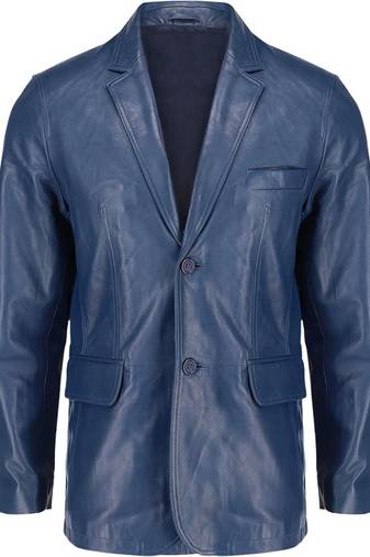 Men's navy blue lambskin leather two button blazer jacket