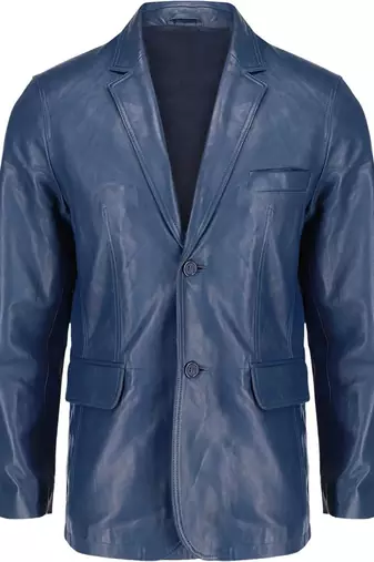 Men's navy blue lambskin leather two button blazer jacket