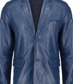 Men's navy blue lambskin leather two button blazer jacket