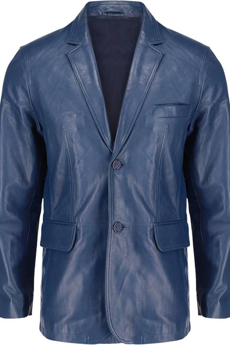 Men's navy blue lambskin leather two button blazer jacket