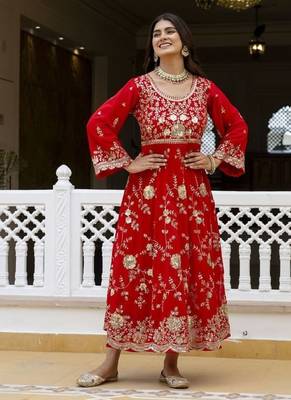 Women's red georgette embroidered anarkali suit set with dupatta 3