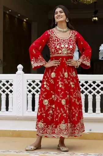 Women's red georgette embroidered anarkali suit set with dupatta