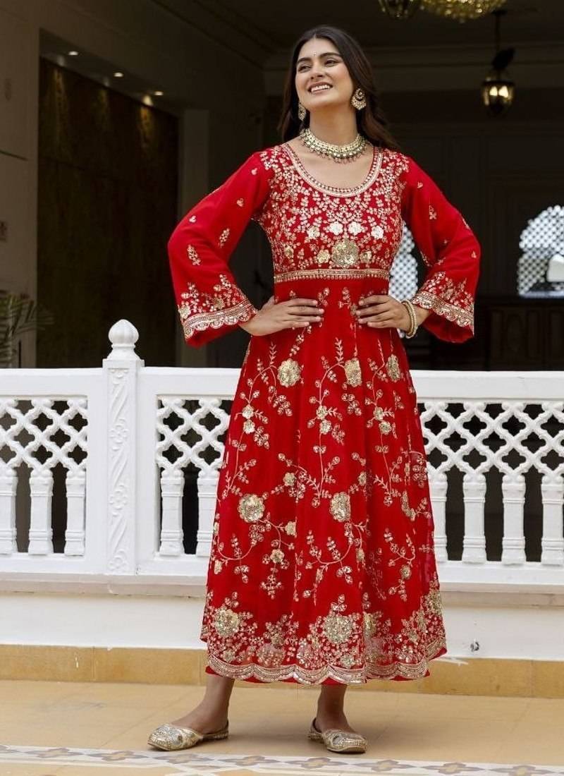 Women's red georgette embroidered anarkali suit set with dupatta