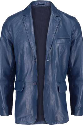 Men's navy blue lambskin leather two button blazer jacket 2