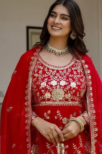Women's red georgette embroidered anarkali suit set with dupatta