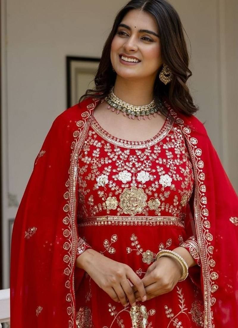 Women's red georgette embroidered anarkali suit set with dupatta