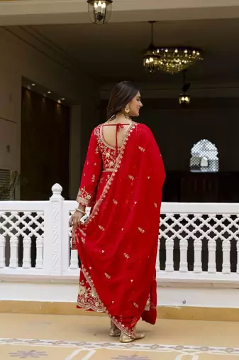 Women's red georgette embroidered anarkali suit set with dupatta