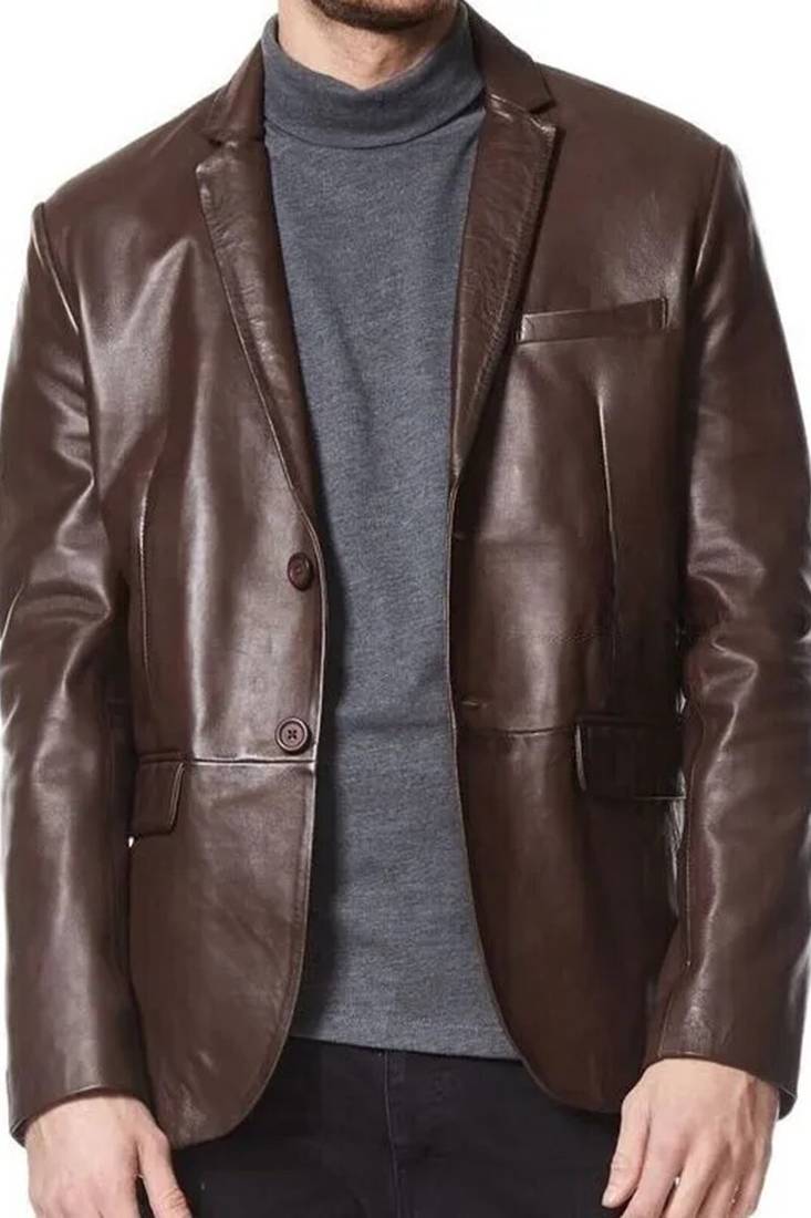 Men's dark brown real lambskin leather classic blazer jacket