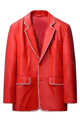 Men's red lambskin leather blazer white trim party jacket 1