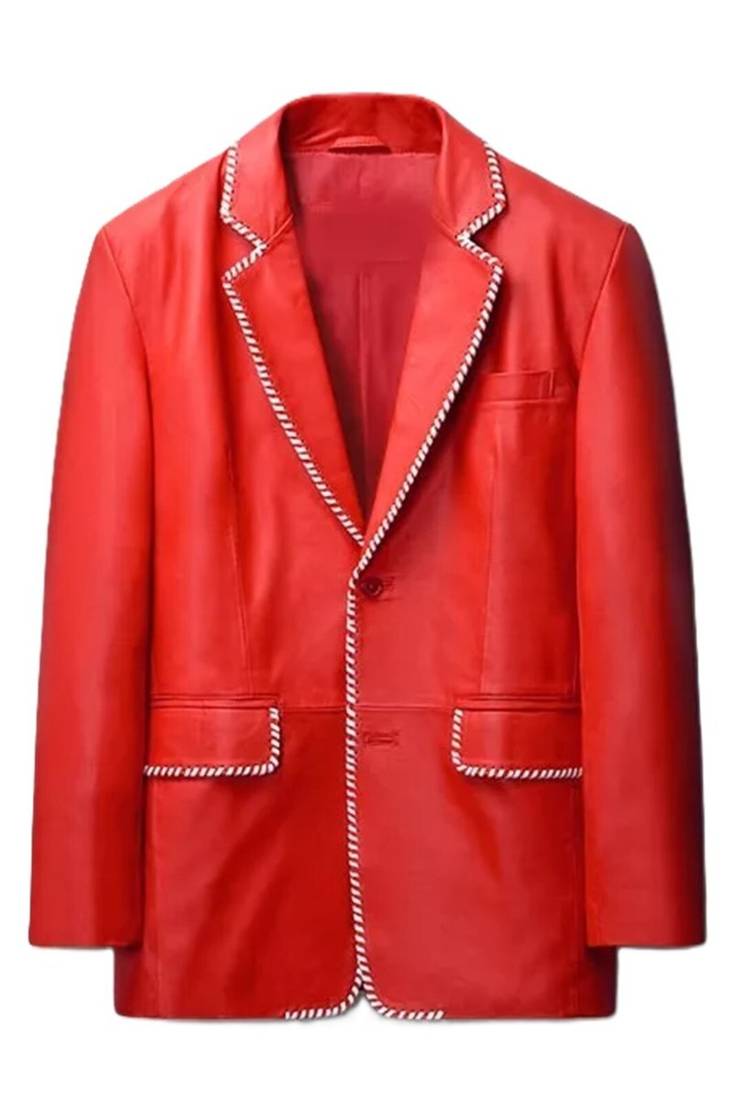 Men's red lambskin leather blazer white trim party jacket
