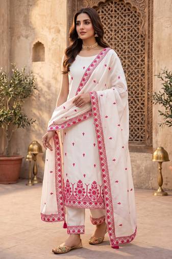White & pink embroidered kurta pant set with maska cotton silk dupatta