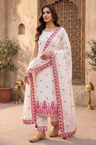 White & pink embroidered kurta pant set with maska cotton silk dupatta