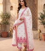 White & pink embroidered kurta pant set with maska cotton silk dupatta