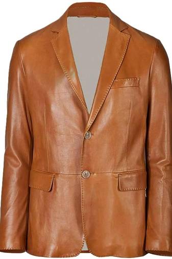 Men's genuine tan leather two button classic blazer coat