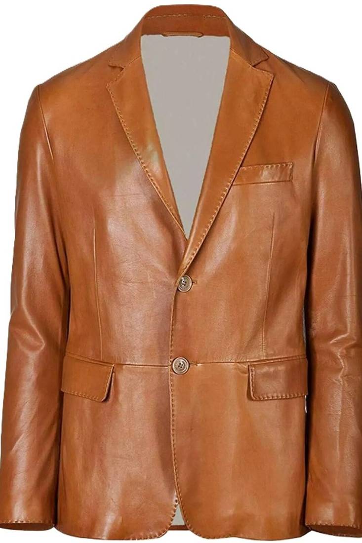Men's genuine tan leather two button classic blazer coat