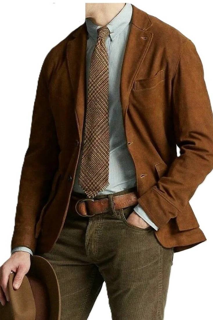 Men's brown soft suede leather casual blazer jacket
