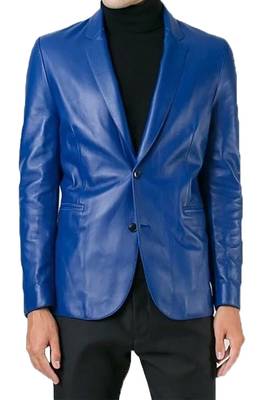Men's royal blue lambskin leather slim fit blazer jacket 1