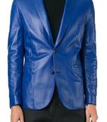 Men's royal blue lambskin leather slim fit blazer jacket
