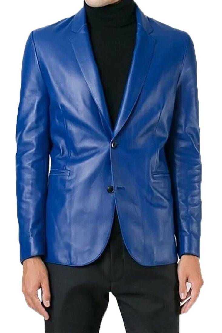 Men's royal blue lambskin leather slim fit blazer jacket