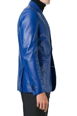 Men's royal blue lambskin leather slim fit blazer jacket 2
