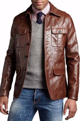 Men's brown lambskin leather safari field jacket blazer 1