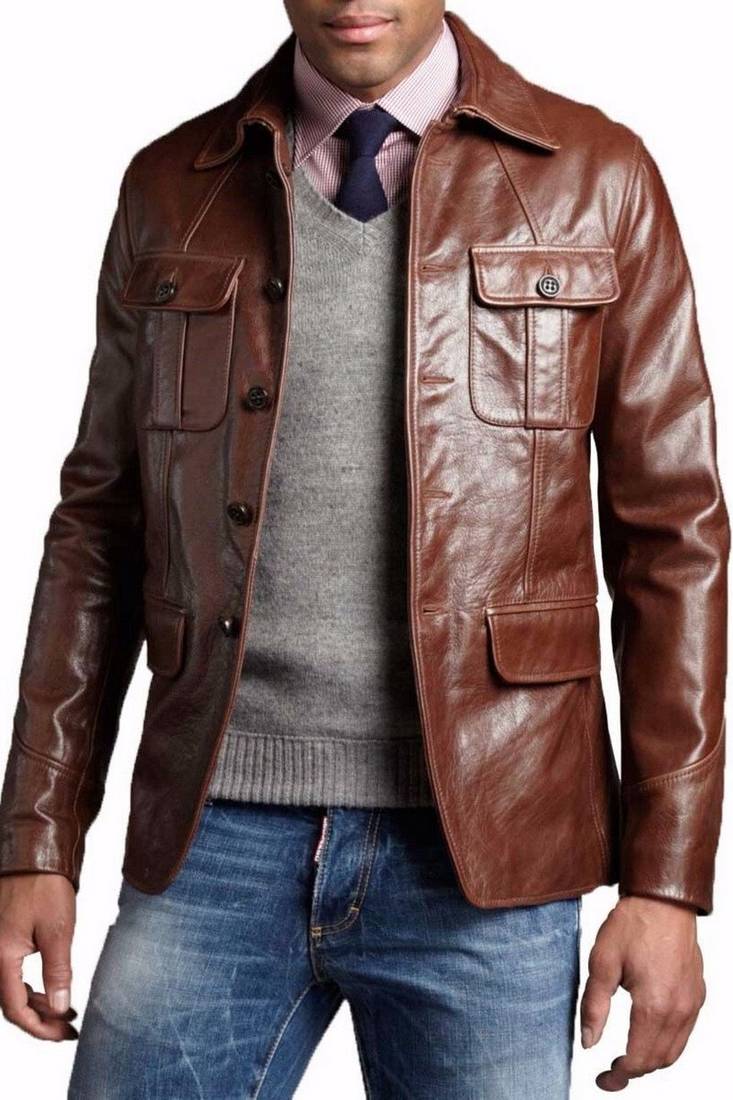 Men's brown lambskin leather safari field jacket blazer