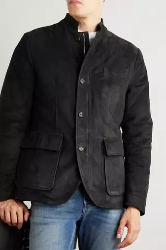 Men's black soft suede safari leather blazer jacket