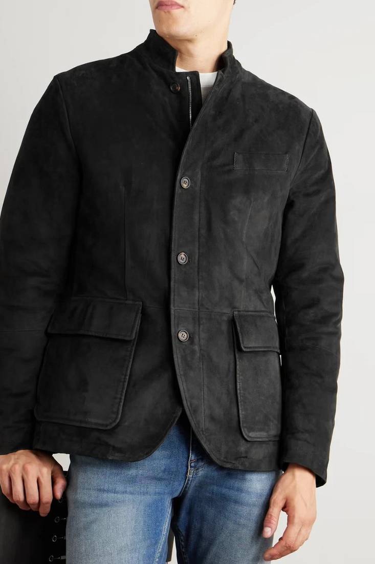 Men's black soft suede safari leather blazer jacket