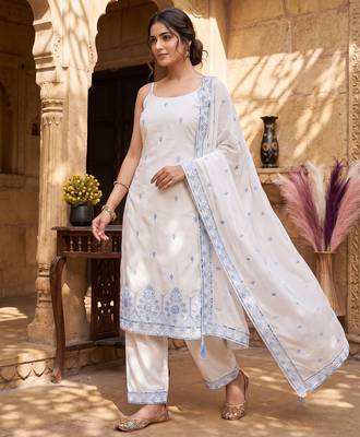 White & sky blue embroidered kurta pant set with maska cotton silk dupatta 1