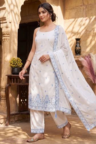 White & sky blue embroidered kurta pant set with maska cotton silk dupatta